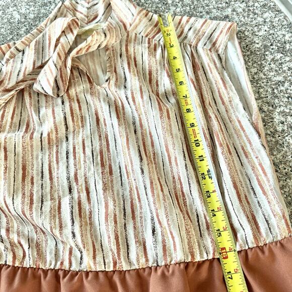 70s Lynn Davis Sz 14 Rust Red Midi Dress Tie Neck Striped Secretary Boho Retro - Picture 16 of 16